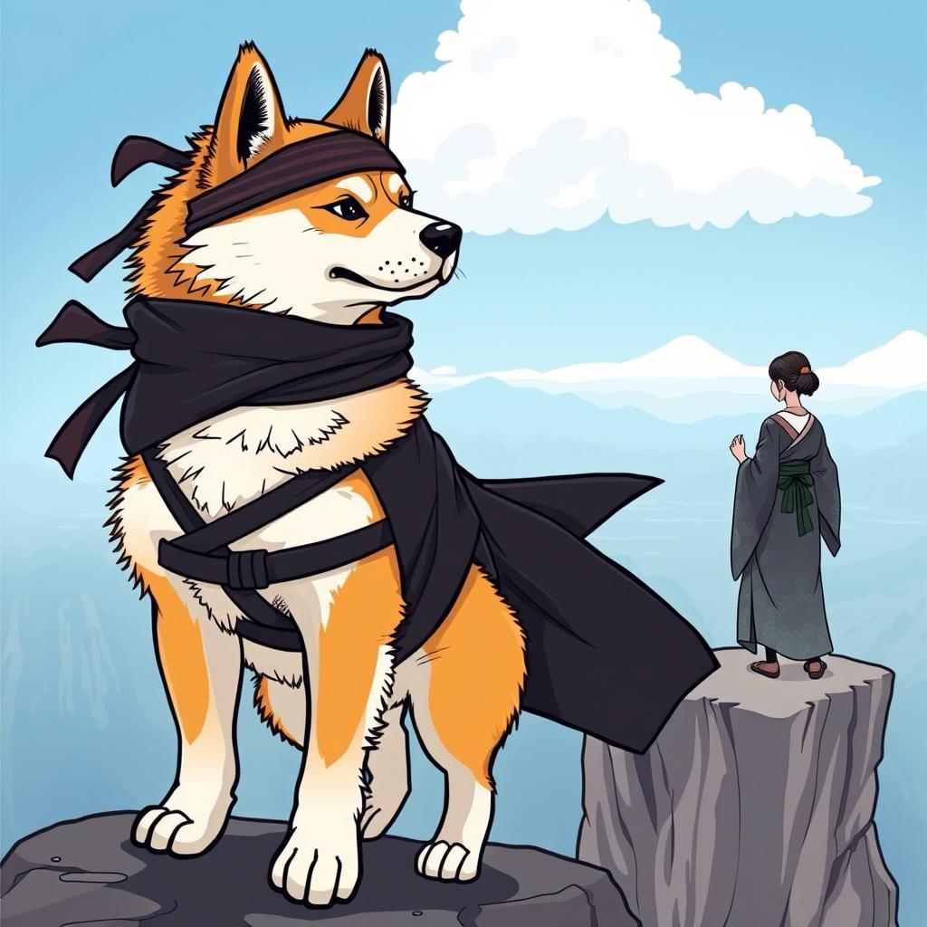 An Akita Inu dog dressed as a traditional Japanese ninja warrior, complete with a black ninja outfit and a headband, standing confidently on the edge of a cliff