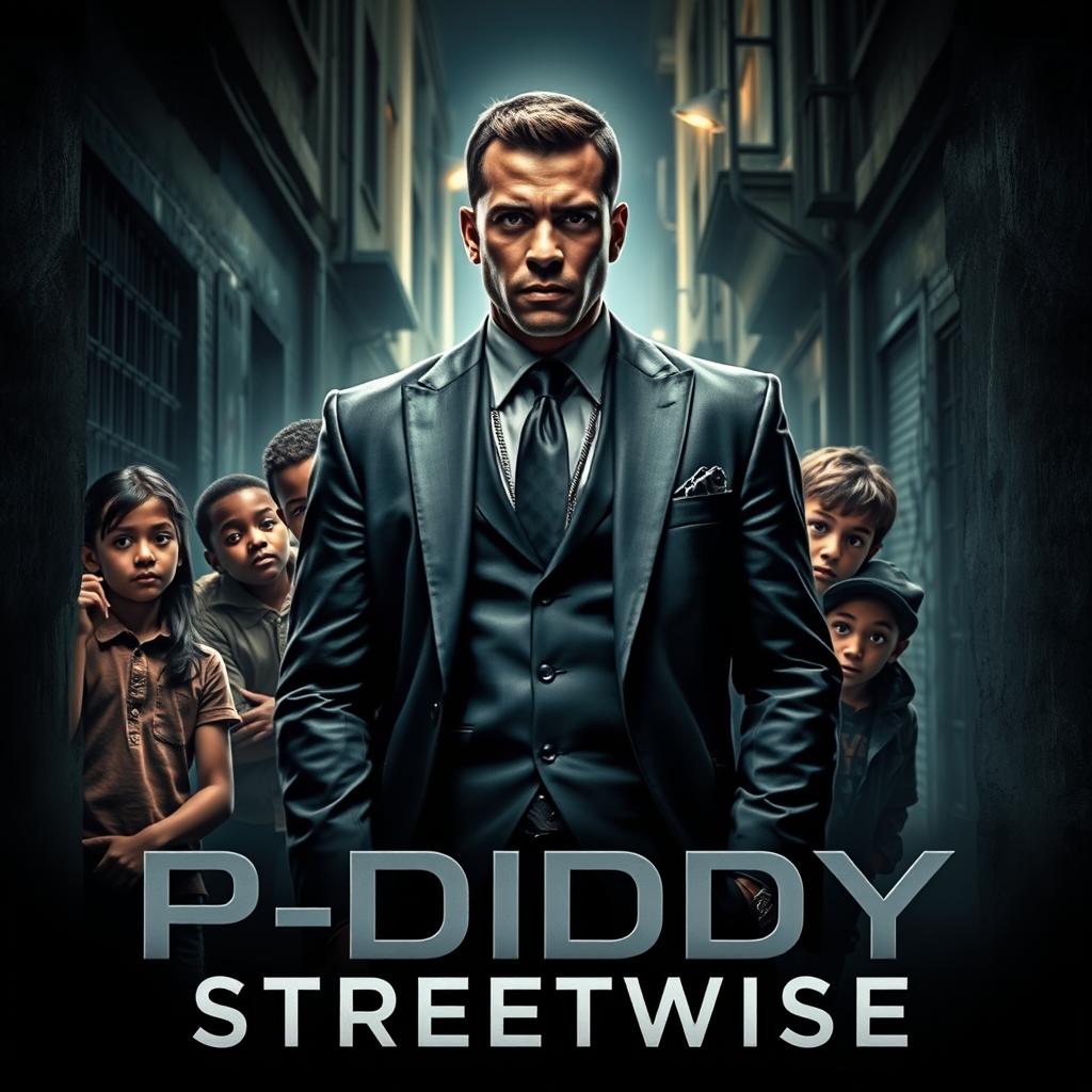 A gripping thriller movie cover featuring a sharp-dressed man resembling a famous hip-hop artist in a tense urban setting