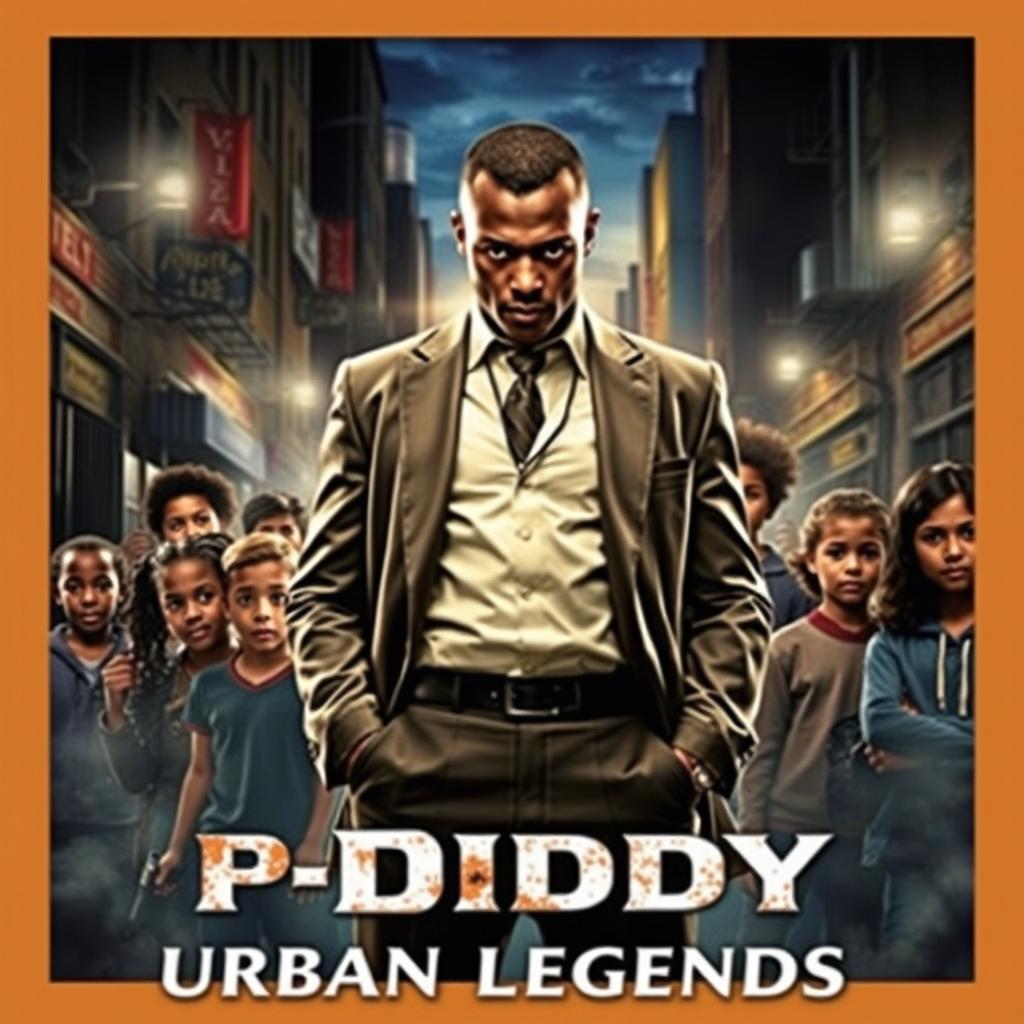 A thrilling movie cover featuring a sharply dressed man inspired by a famous hip-hop artist in an action-packed urban environment