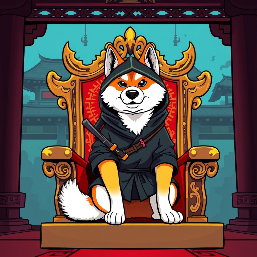 A majestic Akita Inu dog dressed as a Japanese ninja warrior, sitting confidently on an ornate king's throne