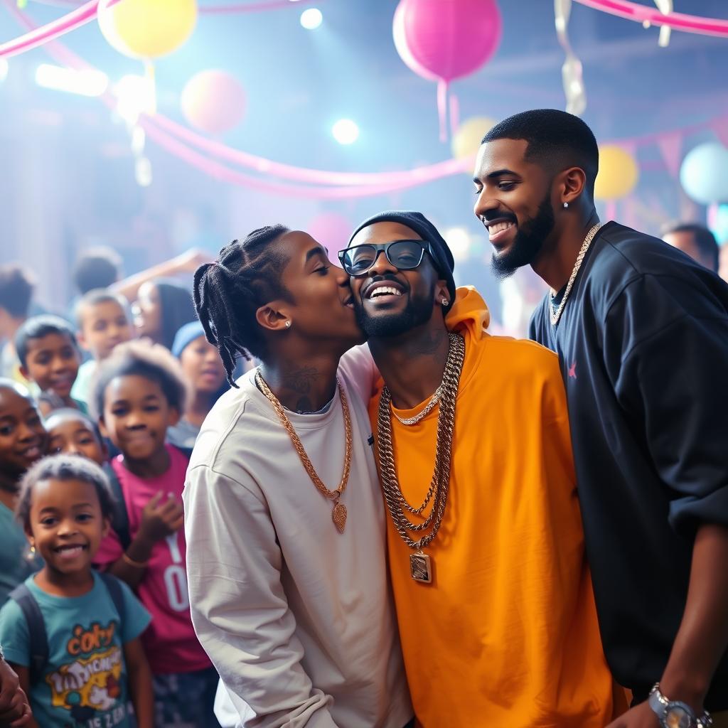 A vibrant and fun scene capturing a playful moment featuring two famous hip-hop artists in an energetic setting