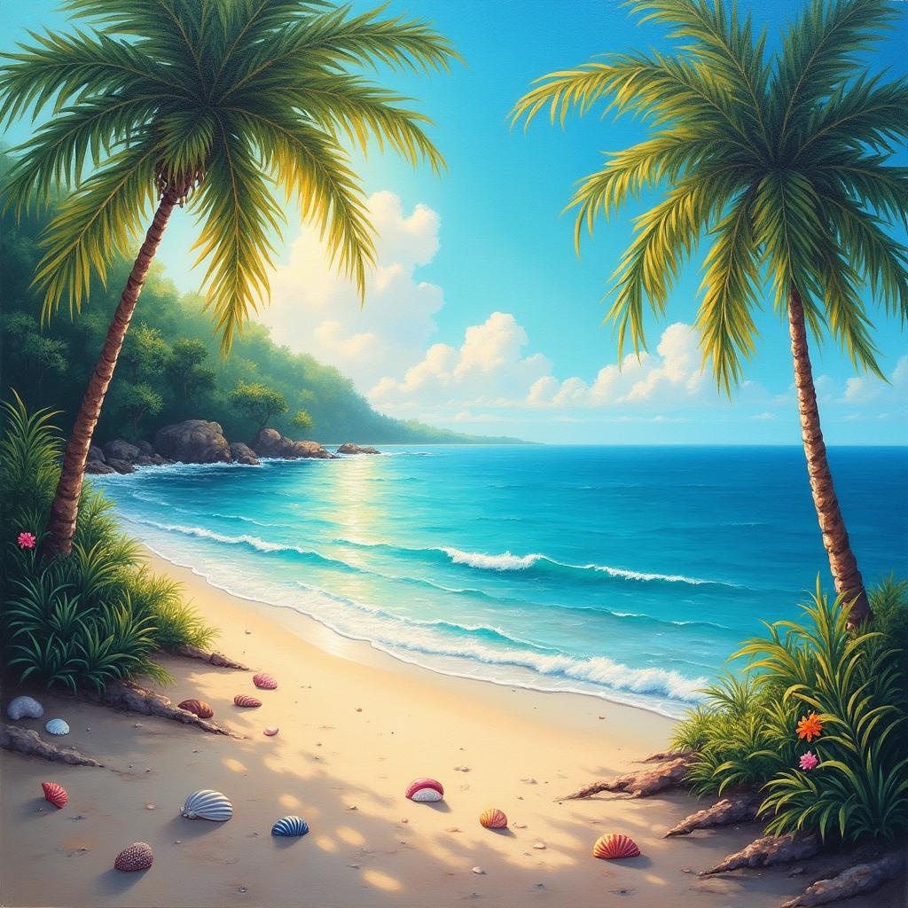 An enchanting oil painting of a beautiful seaside scene during a sunny morning