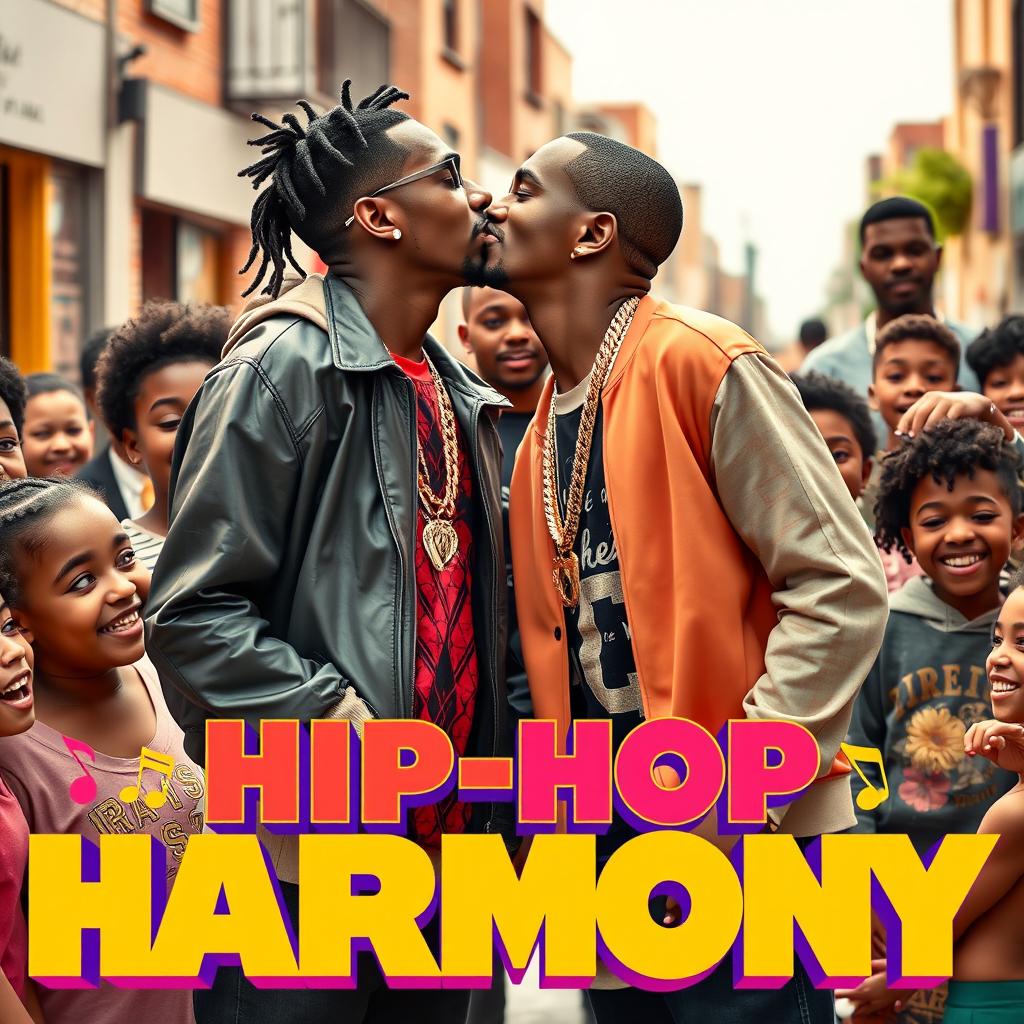 A vibrant and playful movie cover featuring two iconic hip-hop artists, KSI and P-Diddy, sharing an affectionate kiss in a light-hearted and fun urban environment