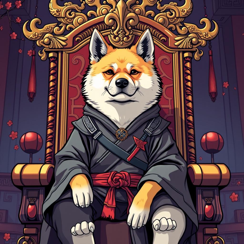 A noble Akita Inu dog dressed in traditional Japanese ninja warrior attire, sitting majestically on a grand king throne