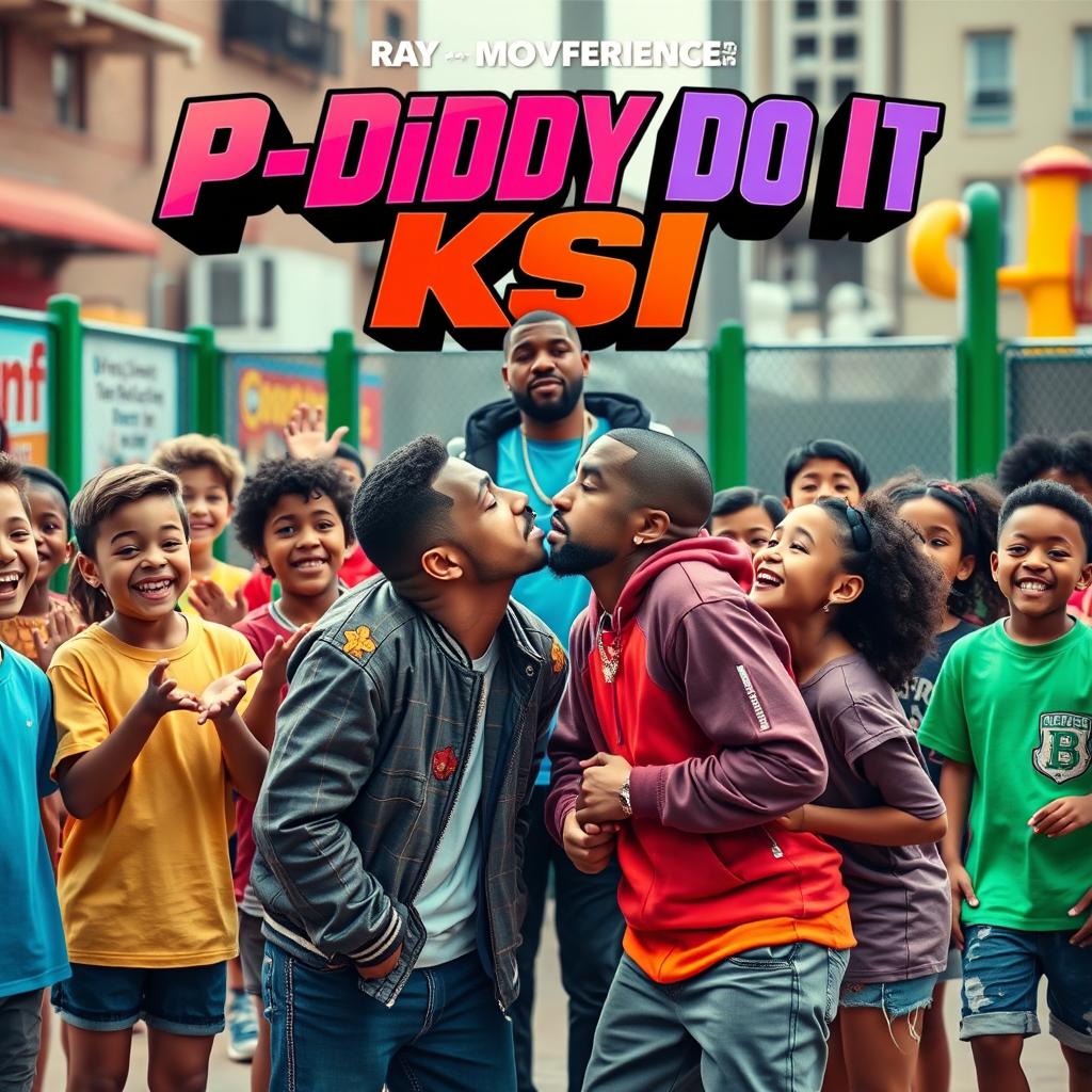 A colorful and dynamic movie cover depicting a playful scene with KSI and P-Diddy sharing a humorous kiss in an action-packed urban playground
