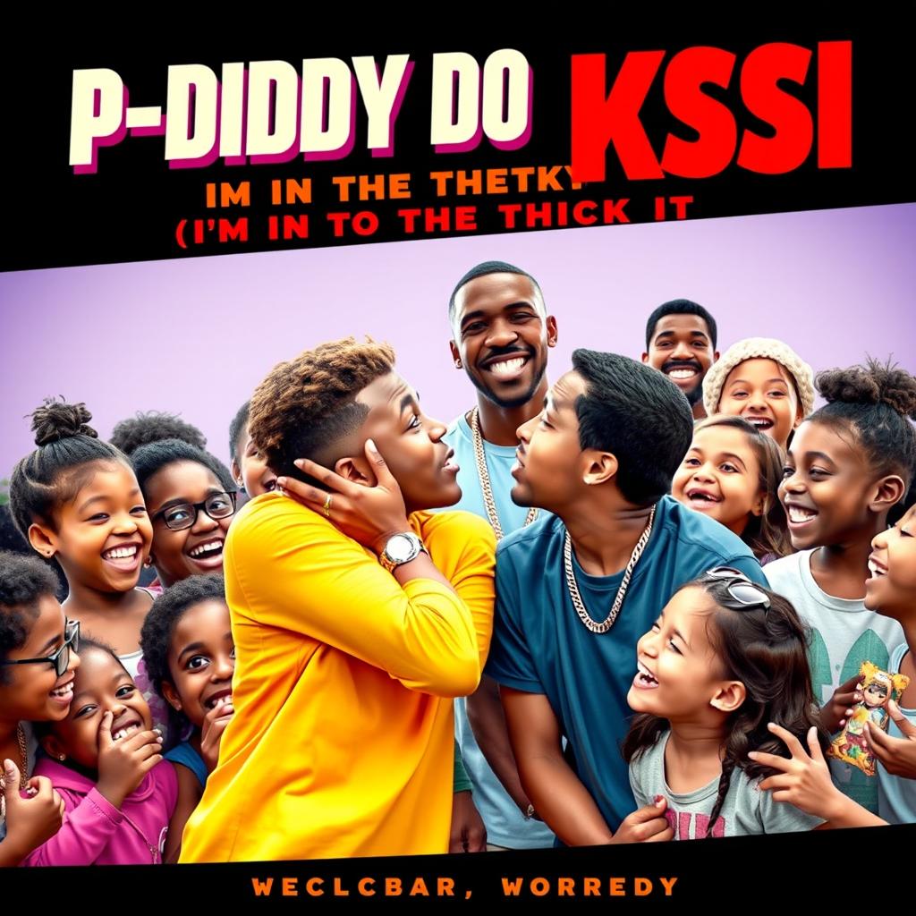A lively and colorful movie cover depicting a humorous moment where KSI and P-Diddy are playfully kissing in front of a group of delighted kids, showcasing a sense of fun and joy