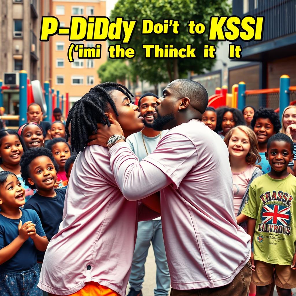 A vibrant and humorous movie cover featuring KSI and P-Diddy sharing a playful kiss in a lively urban playground