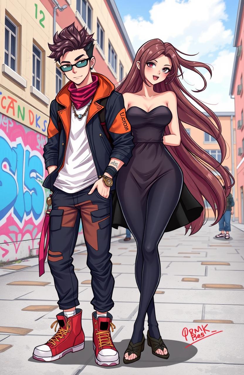 A character design showcasing a stylish young man in a modern vocational school (SMK) setting, wearing a trendy outfit with vibrant colors and accessories, standing confidently next to a beautiful woman with long flowing hair and an elegant dress