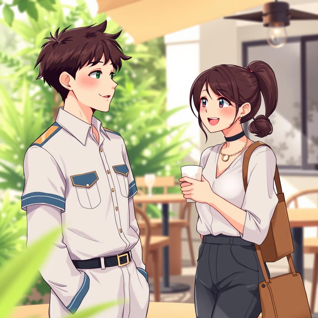 A character design featuring a young man in a vocational school (SMK) uniform, interacting with a beautiful young widow