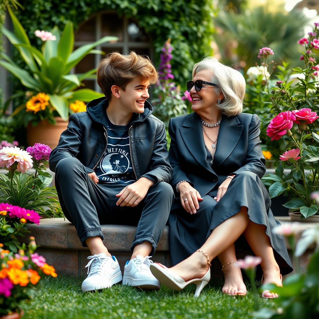 A dynamic scene featuring a young teenage boy and a stylish wealthy widow