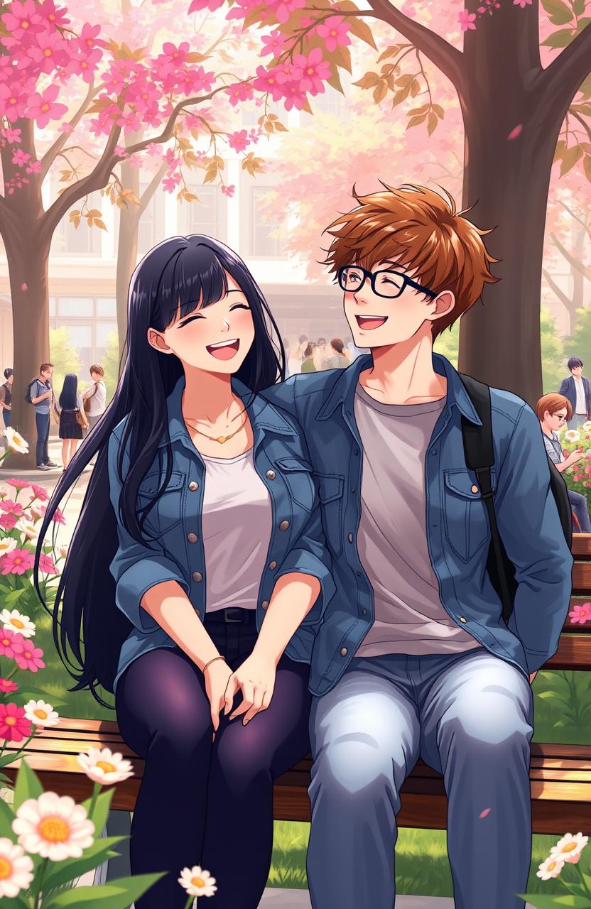A vibrant and emotional digital illustration capturing the essence of college love blossoming from friendship