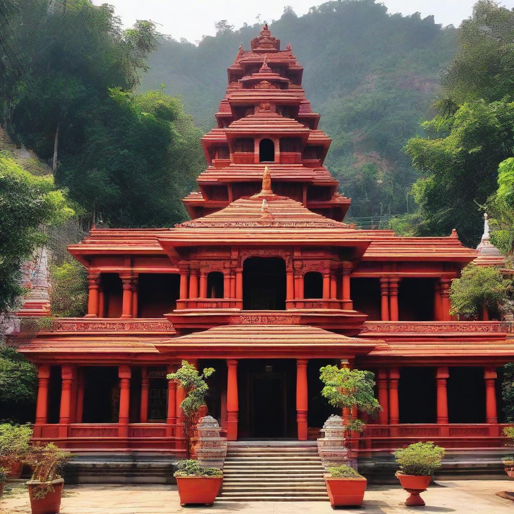 A temple dedicated to Hanuman Ji nestled between residential colony houses, with details highlighting the unique architecture and spiritual aura.