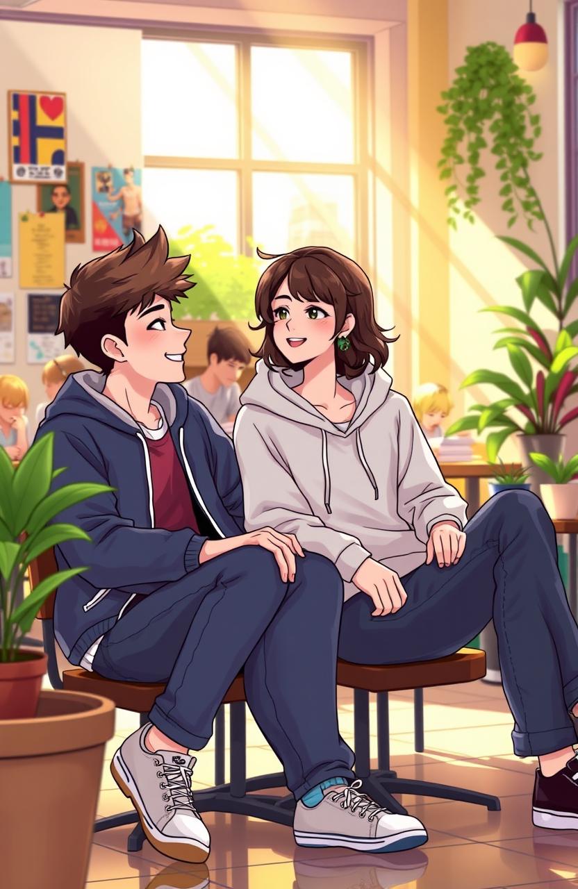A vibrant university scene depicting friendship blossoming into love