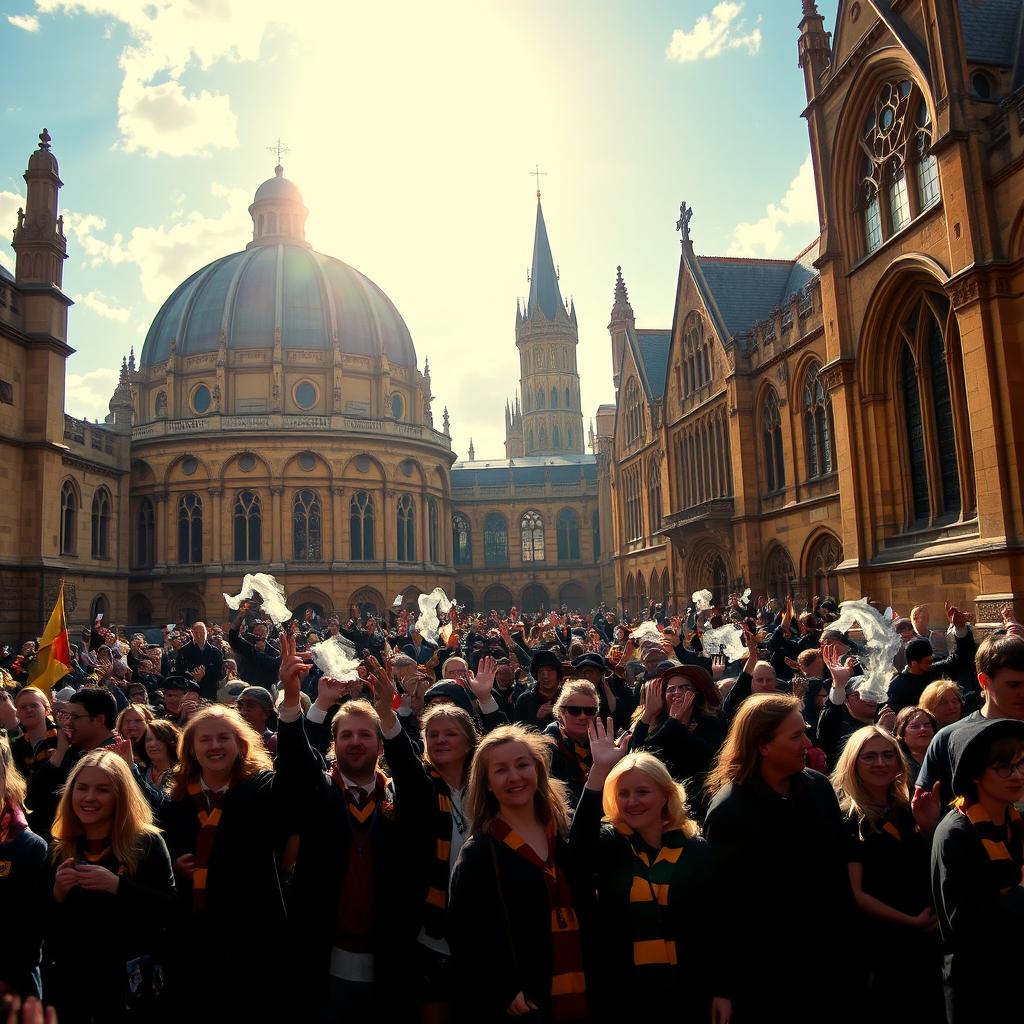 A captivating scene showcasing iconic Oxford University buildings, such as the Radcliffe Camera and the Bodleian Library, set against a magical backdrop that hints at the world of Harry Potter