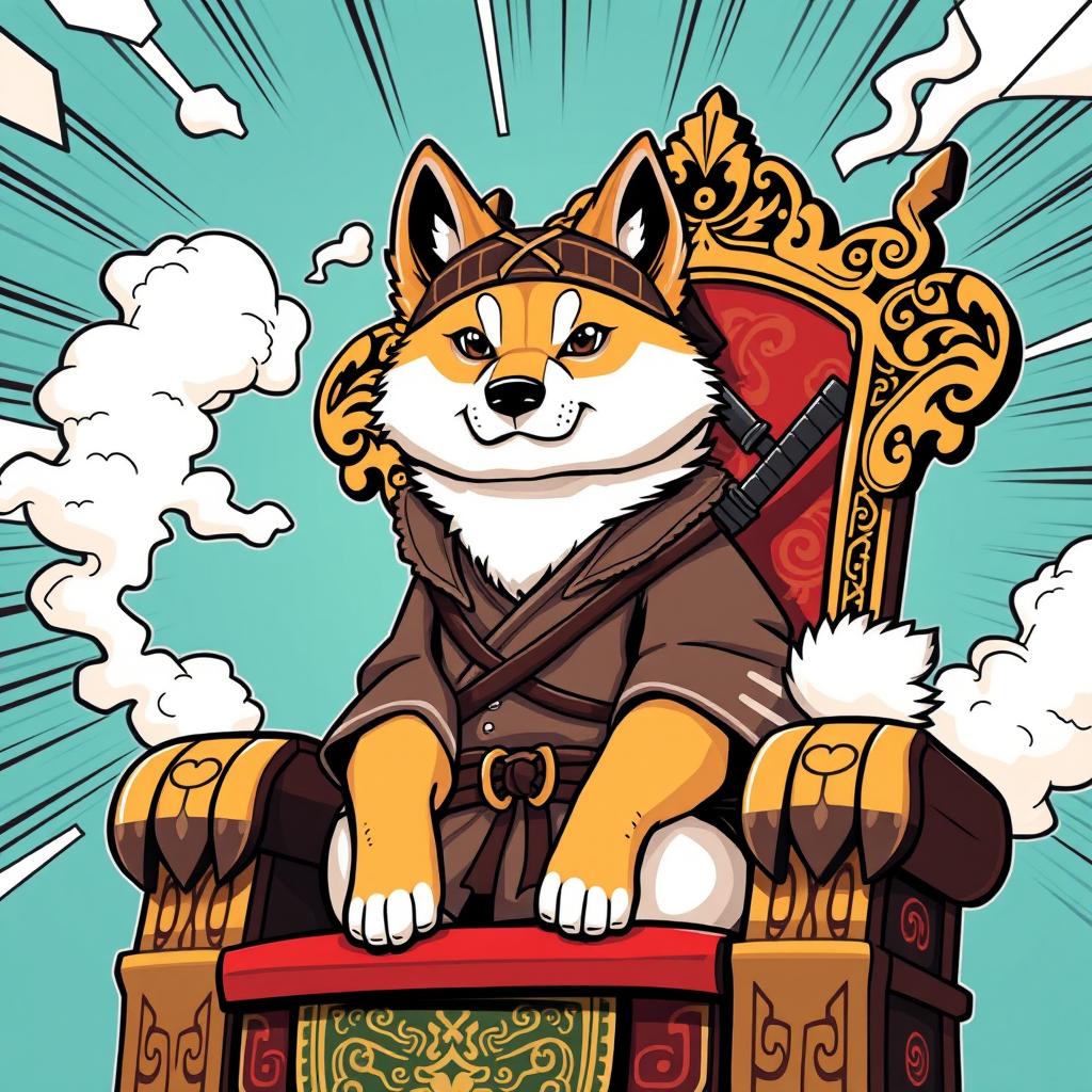 A stylish and vibrant vector style illustration of an Akita Inu dog dressed in traditional Japanese ninja warrior attire, sitting regally on an ornate king's throne
