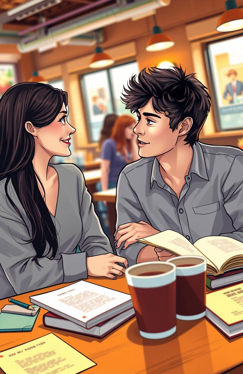 A young couple sitting in a cozy coffee shop, surrounded by books and study materials, deeply engaged in conversation
