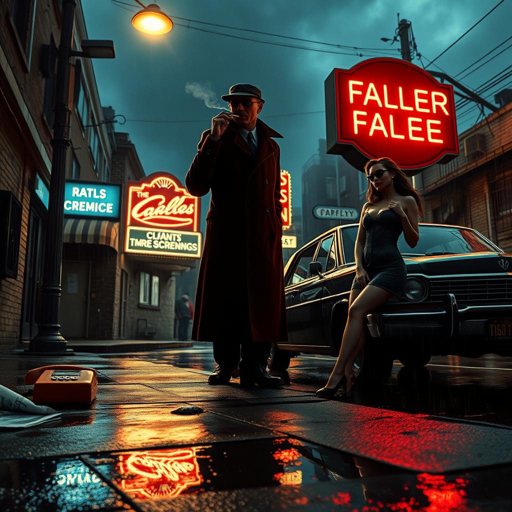 A gritty crime scene set in a 1990s urban environment, featuring a shadowy detective in a trench coat smoking a cigarette under a flickering streetlight