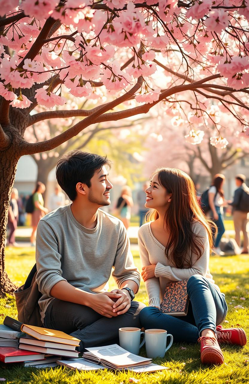 A romantic scene depicting a college friendship evolving into love