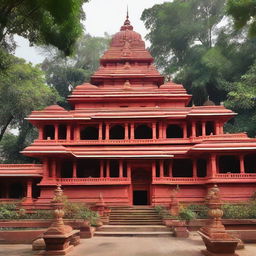 A temple dedicated to Hanuman Ji nestled between residential colony houses, with details highlighting the unique architecture and spiritual aura.