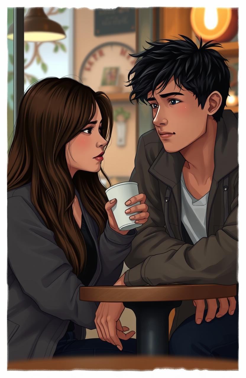 A romantic and emotional scene featuring two young adults, Steffani Leandra and Vano Anggara, sitting in a cozy cafe with a warm ambiance