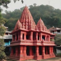 A temple dedicated to Hanuman Ji nestled between residential colony houses, with details highlighting the unique architecture and spiritual aura.