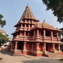 A temple dedicated to Hanuman Ji nestled between residential colony houses, with details highlighting the unique architecture and spiritual aura.