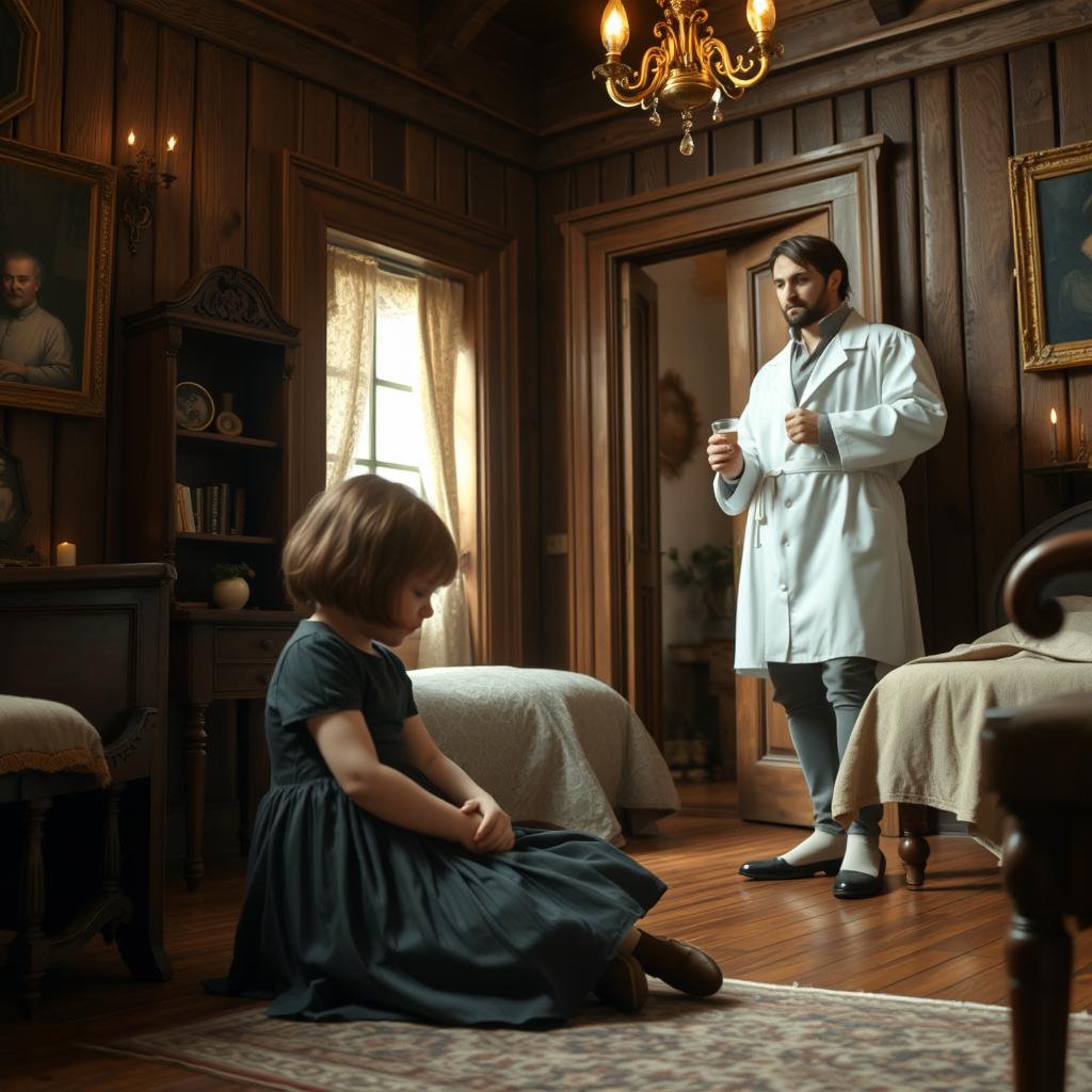 A 5-year-old girl sitting in a beautifully decorated room with old wooden walls reminiscent of the time of Queen Elizabeth I