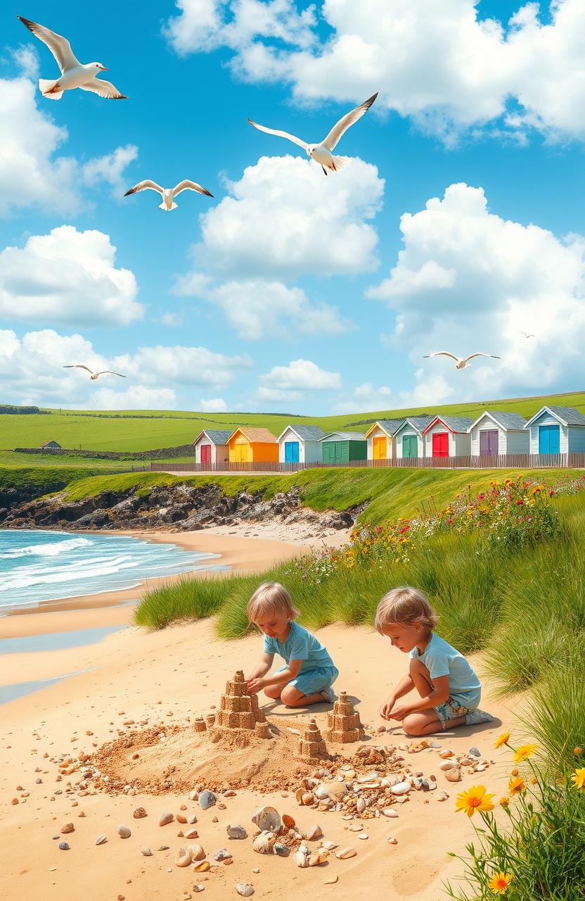 A peaceful Cornish countryside scene depicting a nostalgic childhood setting