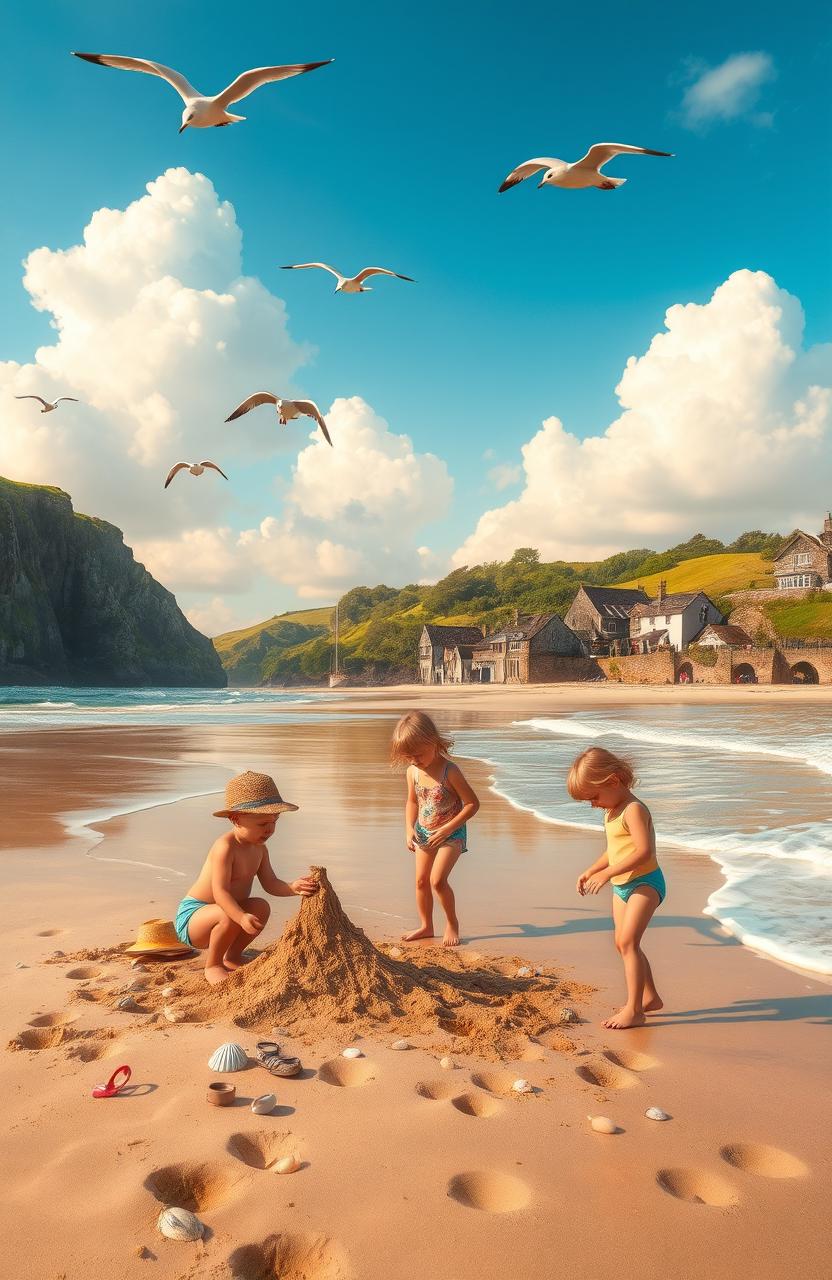A nostalgic scene depicting a charming Cornish childhood, featuring children playing on a sandy beach, surrounded by picturesque cliffs