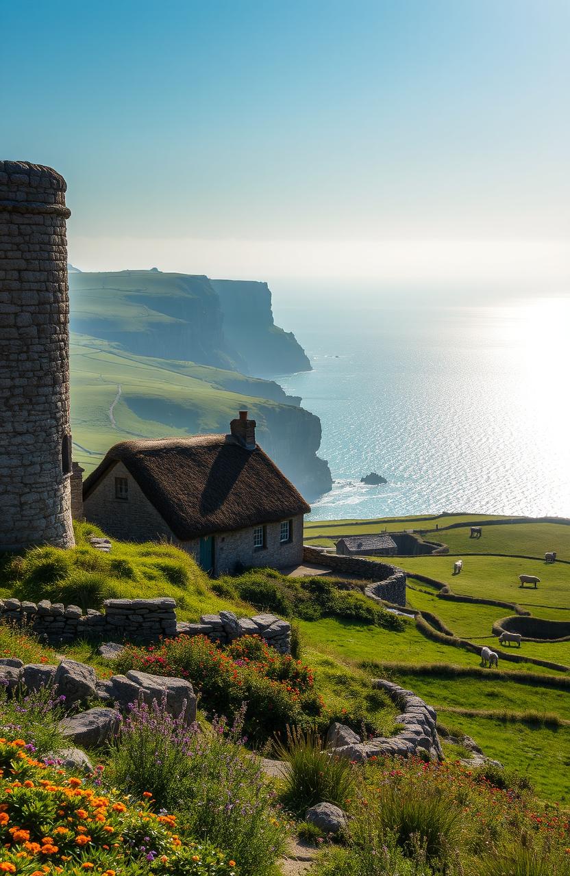 A picturesque view of a historic Cornish landscape, showcasing ancient stone structures, lush green fields, and vibrant wildflowers