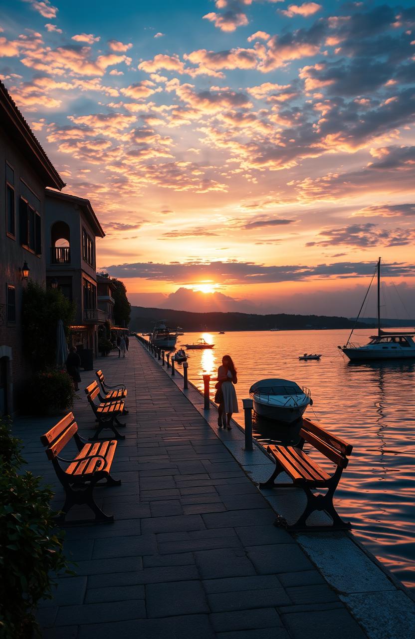 A serene and romantic scene depicting a beautiful quay by the water, softly lit at sunset