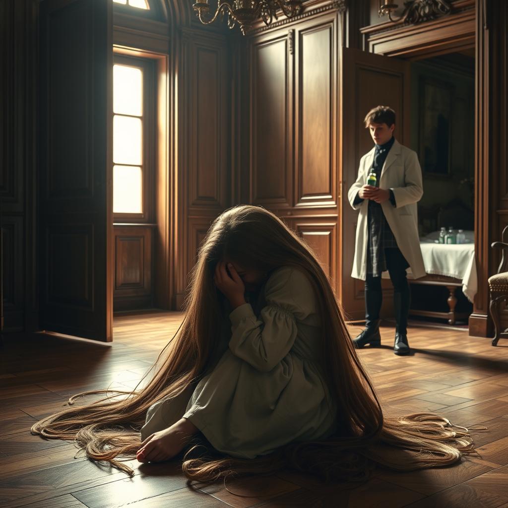 A 21-year-old girl with long hair spilling around her, sitting on the wooden floor of a prince's elegantly designed room, clutching her knees and resting her head on them, crying without revealing her face