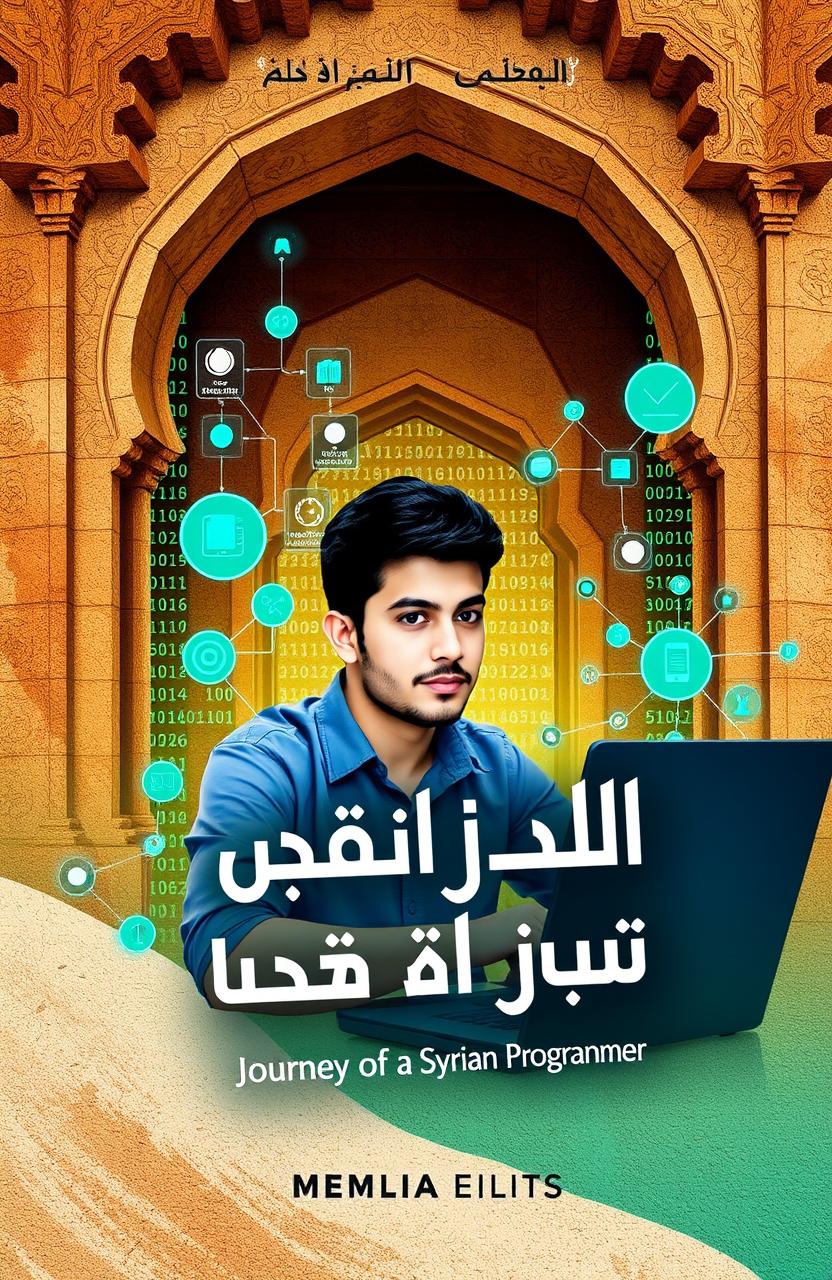 A book cover design titled 'رحلة مبرمج سوري' (Journey of a Syrian Programmer), featuring a young Syrian man with a determined expression, sitting at a laptop surrounded by coding symbols and elements of technology like circuit diagrams and binary code