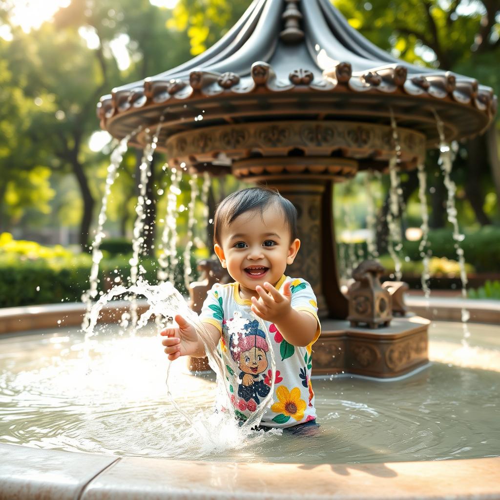A happy child performing ablution (wudu) in a traditional fountain in a park