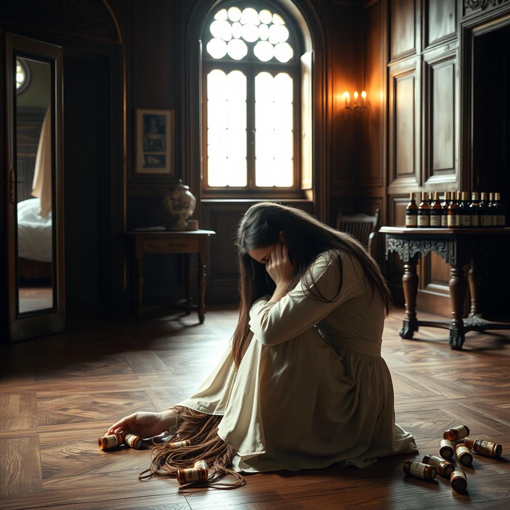 A 21-year-old woman with long hair, sitting on the floor of a prince's chamber, hugging her knees and resting her head on them while crying