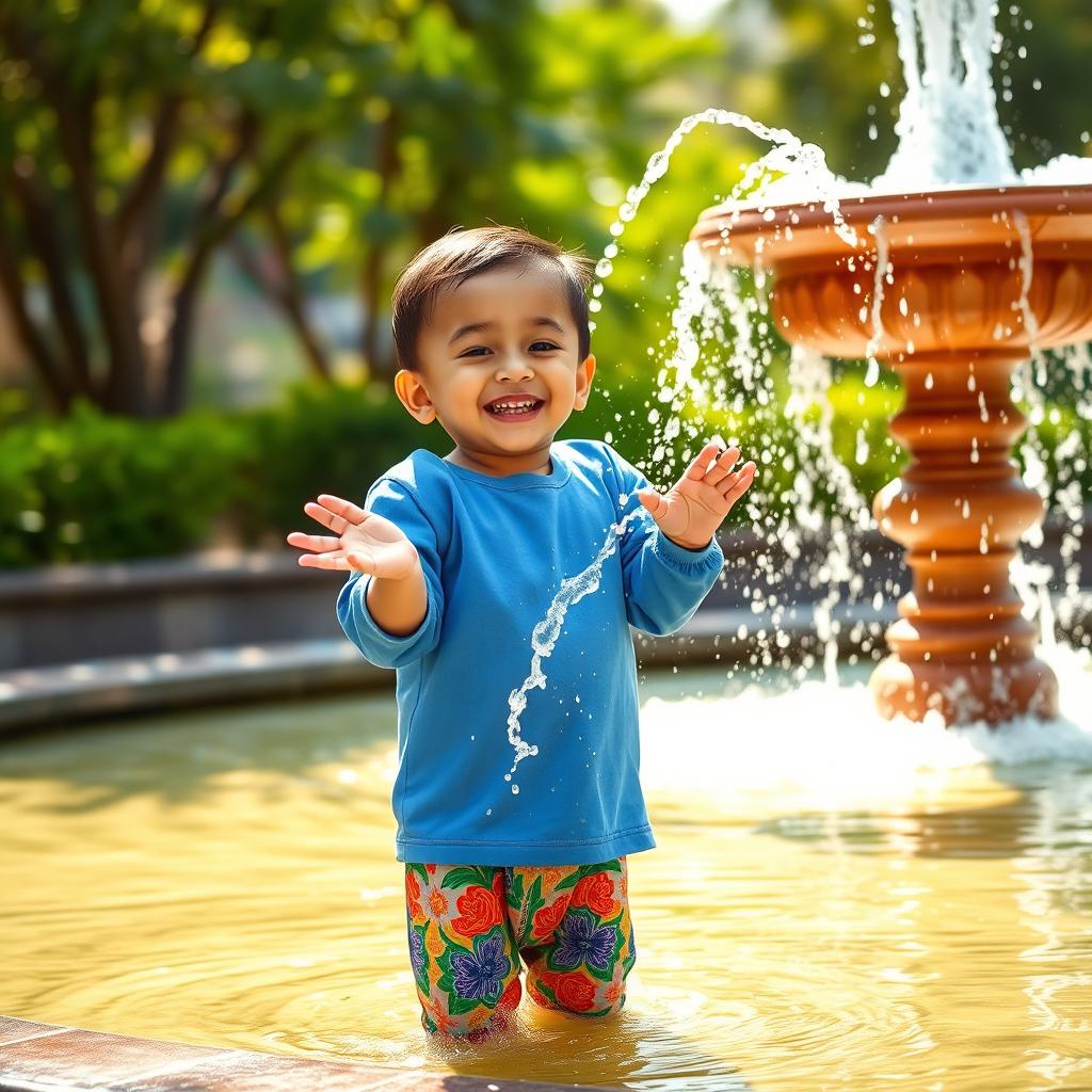 A joyful child performing ablution (wudu) with a big smile, standing near a fountain