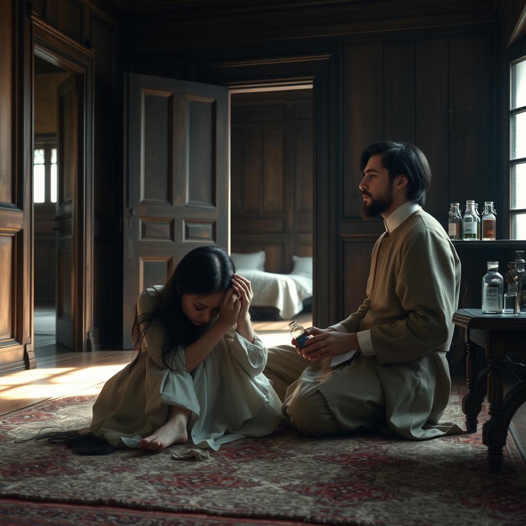 A 21-year-old woman sitting on the floor of a prince's room, holding her knees and resting her head on them, visibly crying