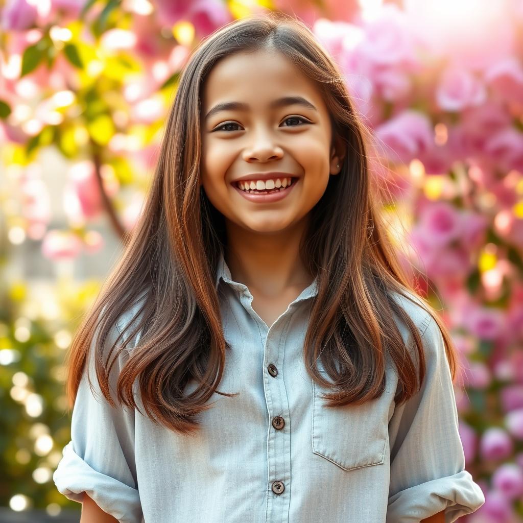 A cheerful girl in the middle wearing a stylish shirt, showing a warm and inviting smile