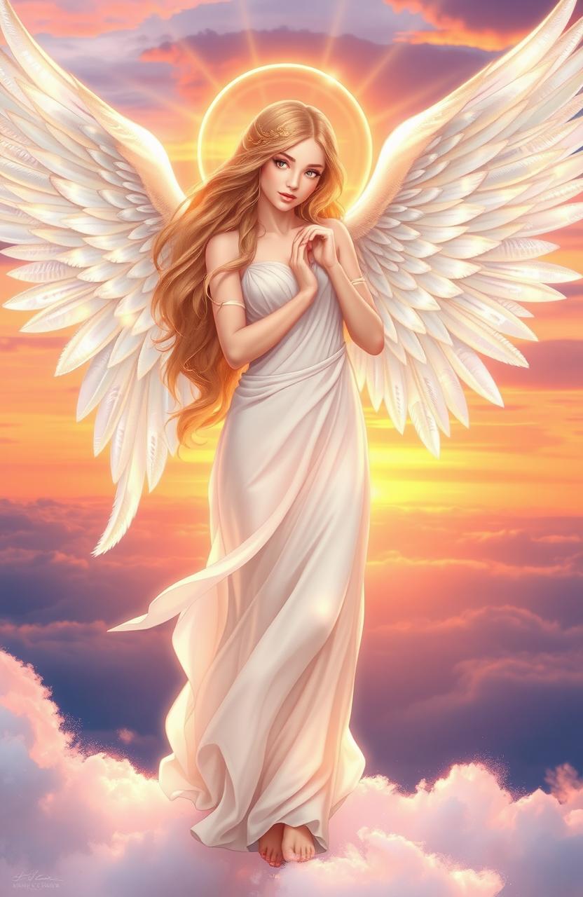 An ethereal angel at dawn, with radiant light surrounding her, standing gracefully on a cloud