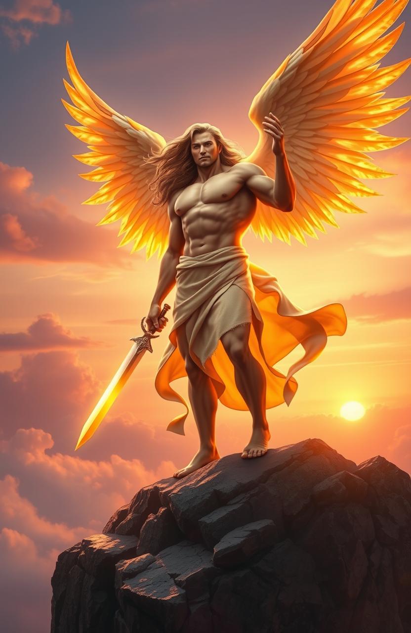 A powerful male angel representing dawn, with a muscular physique, radiant golden wings that shine with the colors of the sunrise, standing majestically on a rocky cliff