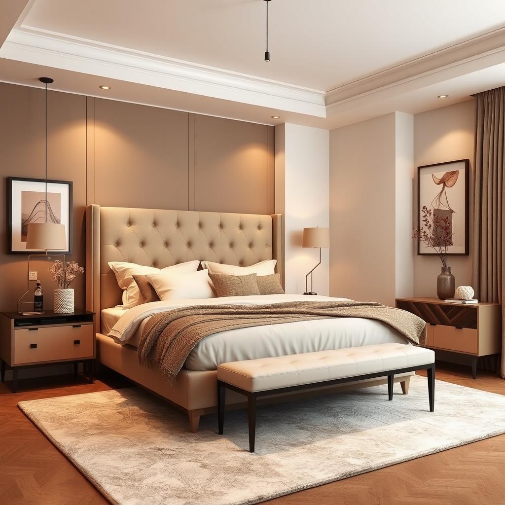 A modern master bedroom featuring a comfortable double bed with an elegant headboard, adorned with plush pillows and soft bedding