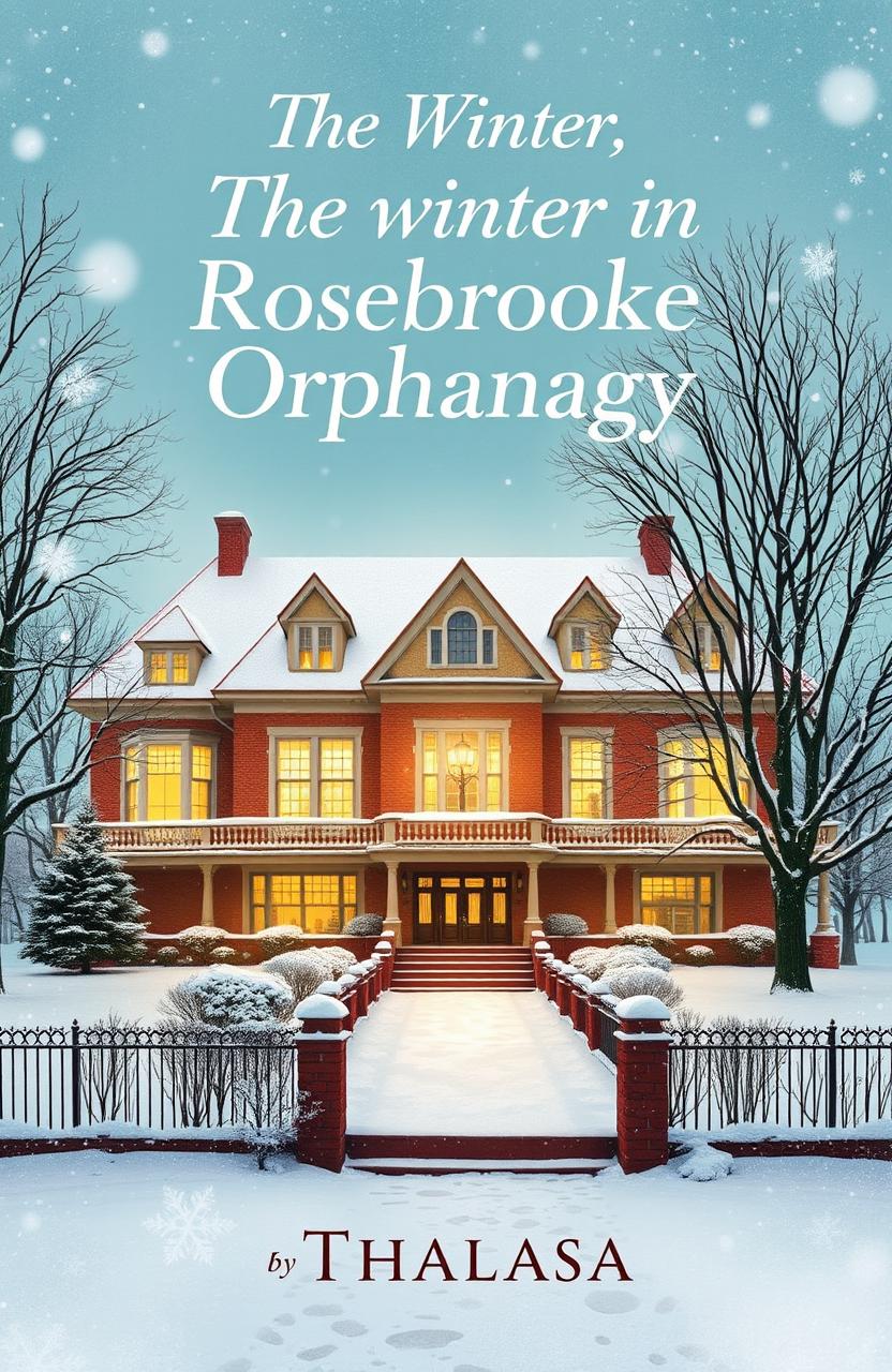 A cozy orphanage in Rosebrooke during a snowy winter scene, featuring a large house with 1950s architectural style