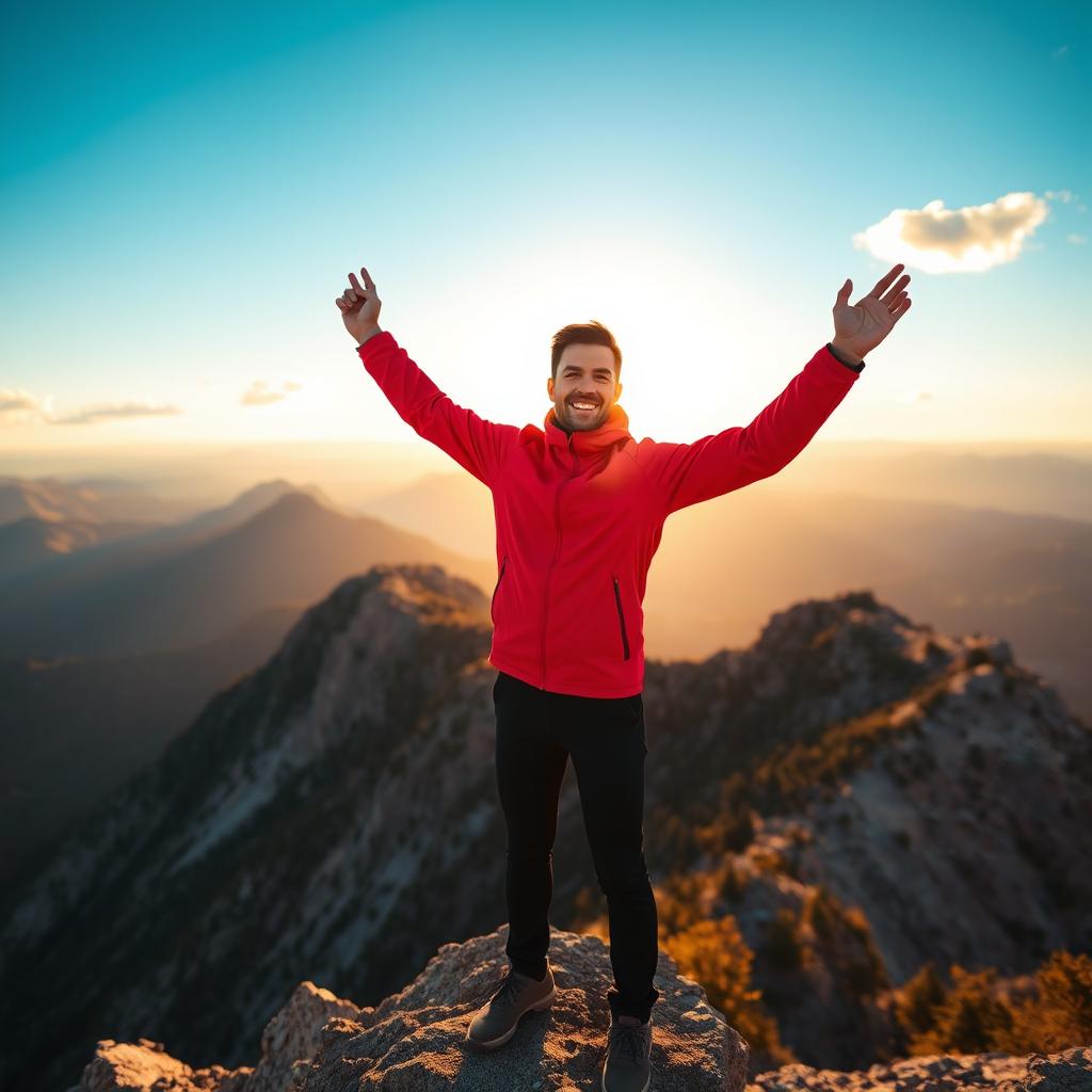 A motivated person standing triumphantly on top of a mountain, arms raised up in the air celebrating victory