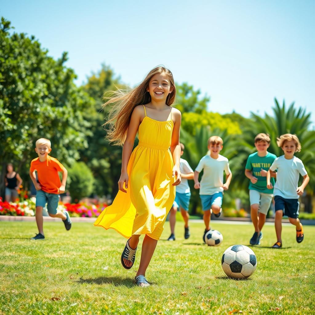 A vibrant, lively outdoor scene featuring one girl and a group of boys playing together in a sunny park
