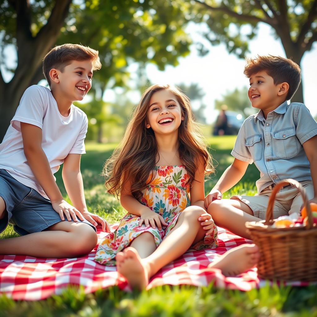 A vibrant scene depicting one girl sitting on a picnic blanket surrounded by two boys