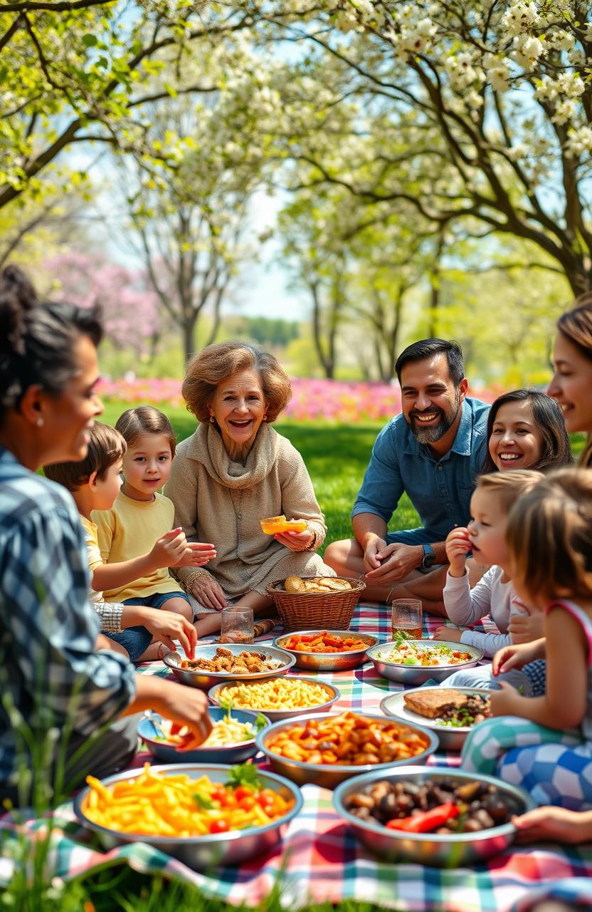 A heartwarming family gathering scene featuring diverse relatives enjoying a picnic in a sunny park