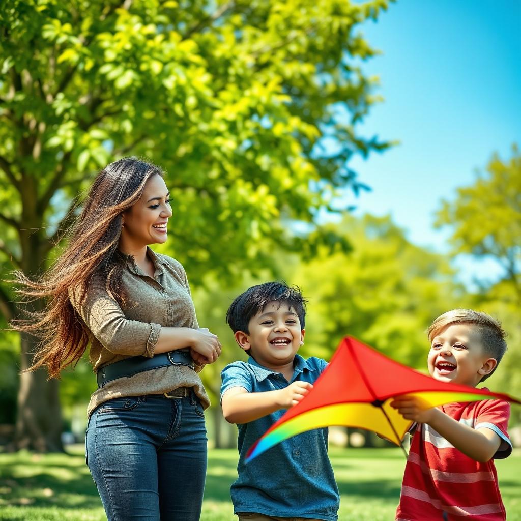 A captivating scene featuring a strong, independent woman interacting warmly with two young boys in a vibrant outdoor park