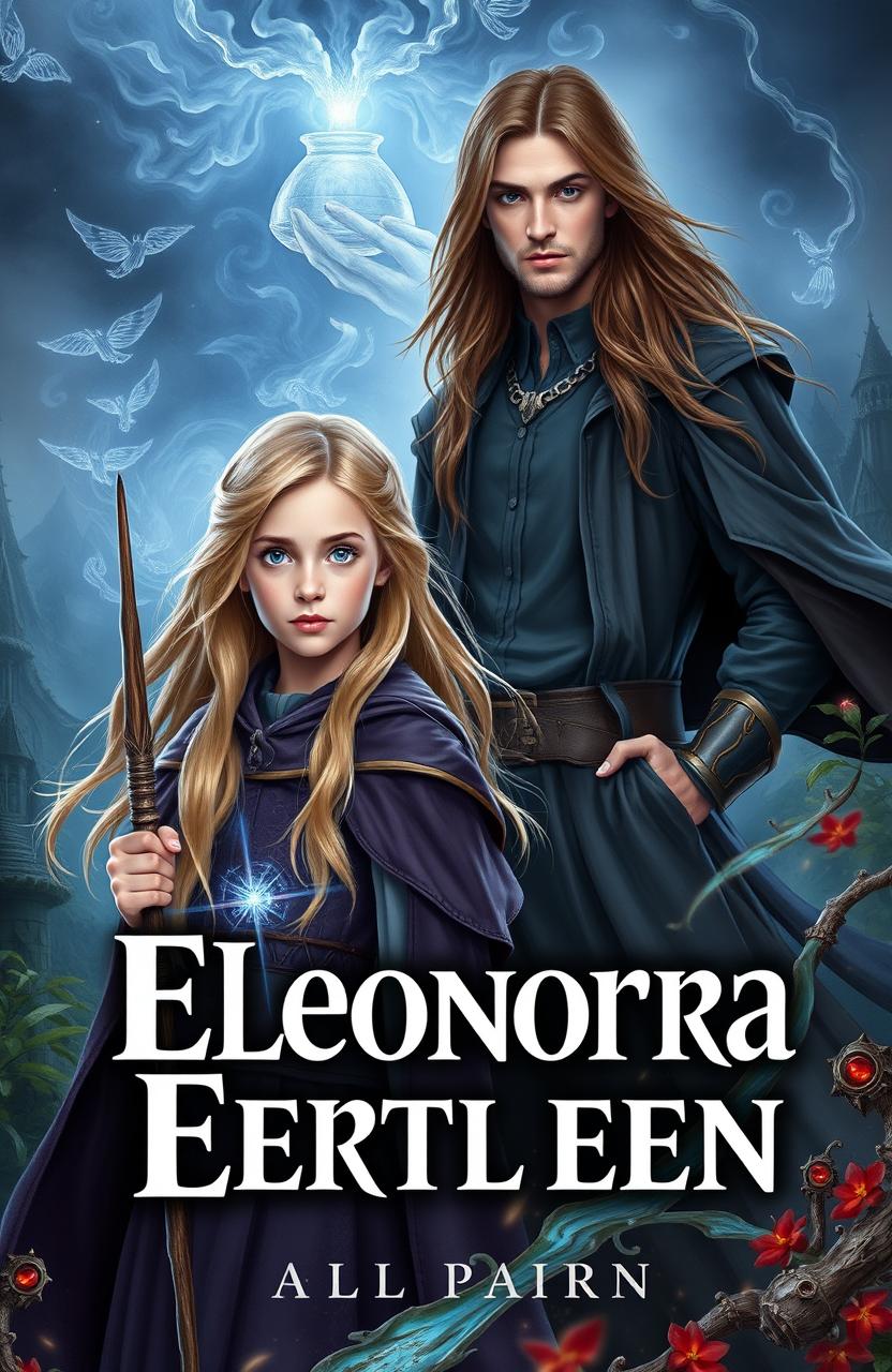 A captivating book cover for the title 'Элеонора Бертлен' featuring a 12-year-old girl with long blonde hair and striking blue eyes