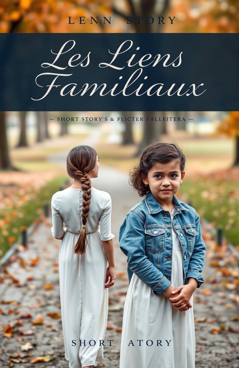 A poignant book cover for a short story titled "Les Liens Familiaux", depicting a somber scene of a mother and daughter standing apart on a split-path, expressing emotional distance