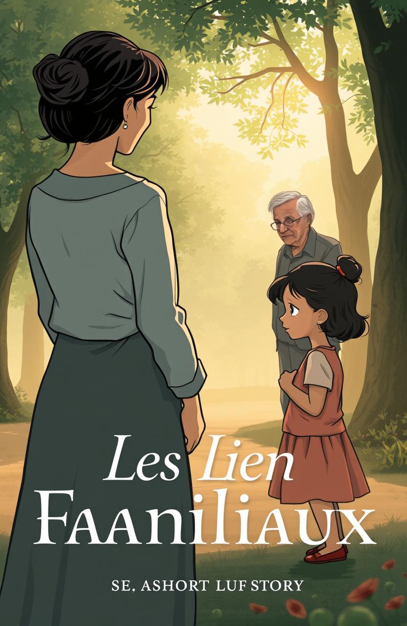 Cover illustration for a short story titled 'Les Liens Familiaux', featuring a poignant scene of emotional separation